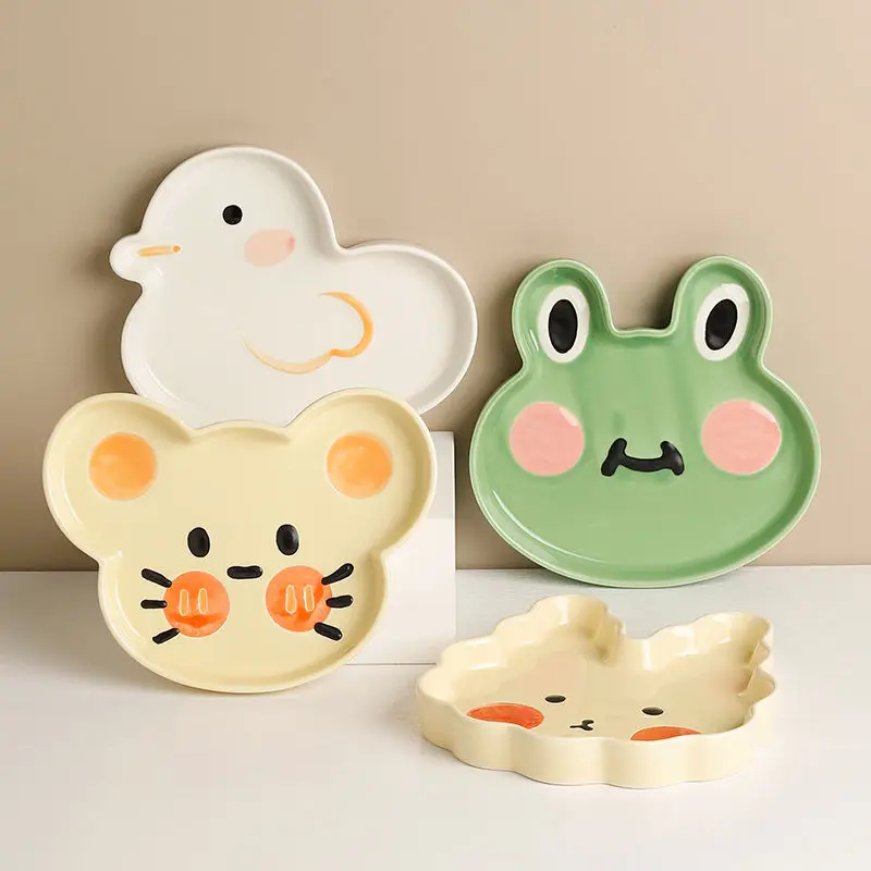 Ins Cartoon Dinner Plate Tableware Frog Rabbit Duck Craft Kawaii Ceramic  Cake Dessert Household Kitchen Dinnerware New