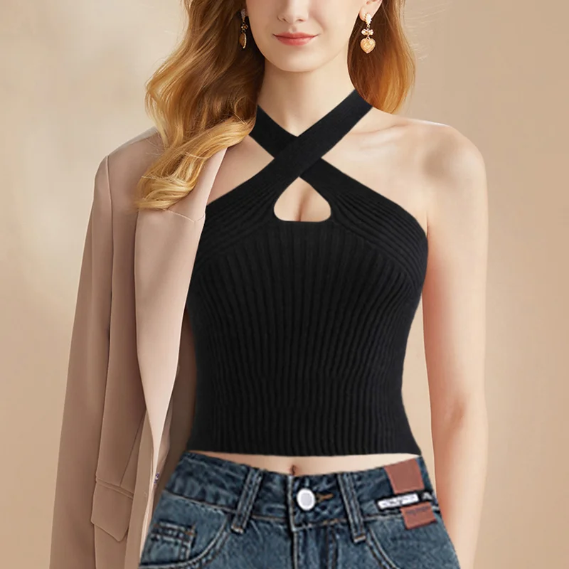 

Уличная одежда Y2k, летний базовый Укороченный трикотажный пикантный укороченный топ без рукавов белого и черного цвета с открытой спиной, ж...