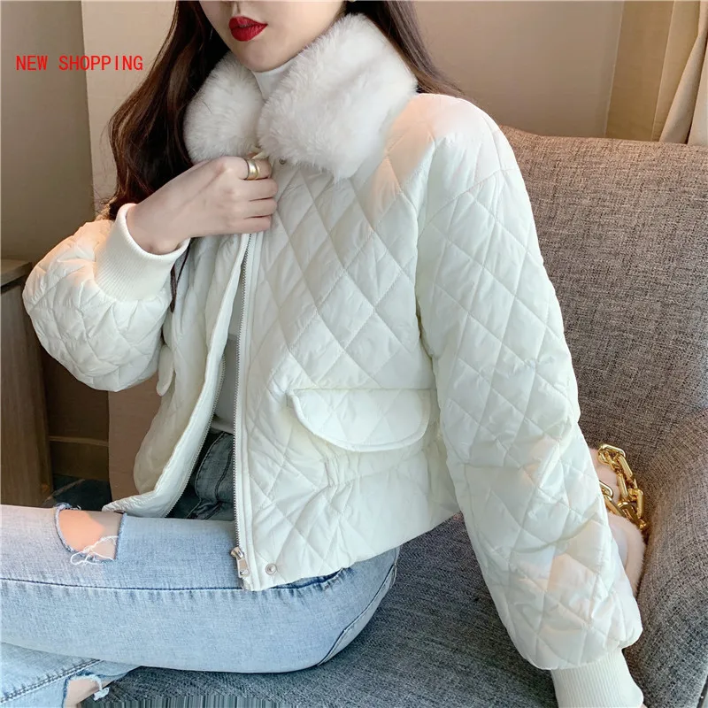 2022 Padded Plaid Argyle Parkas Women Winter Faux Fur Collar Loose Short Jackets Female Warm Oversize Coats Causal Streetwear