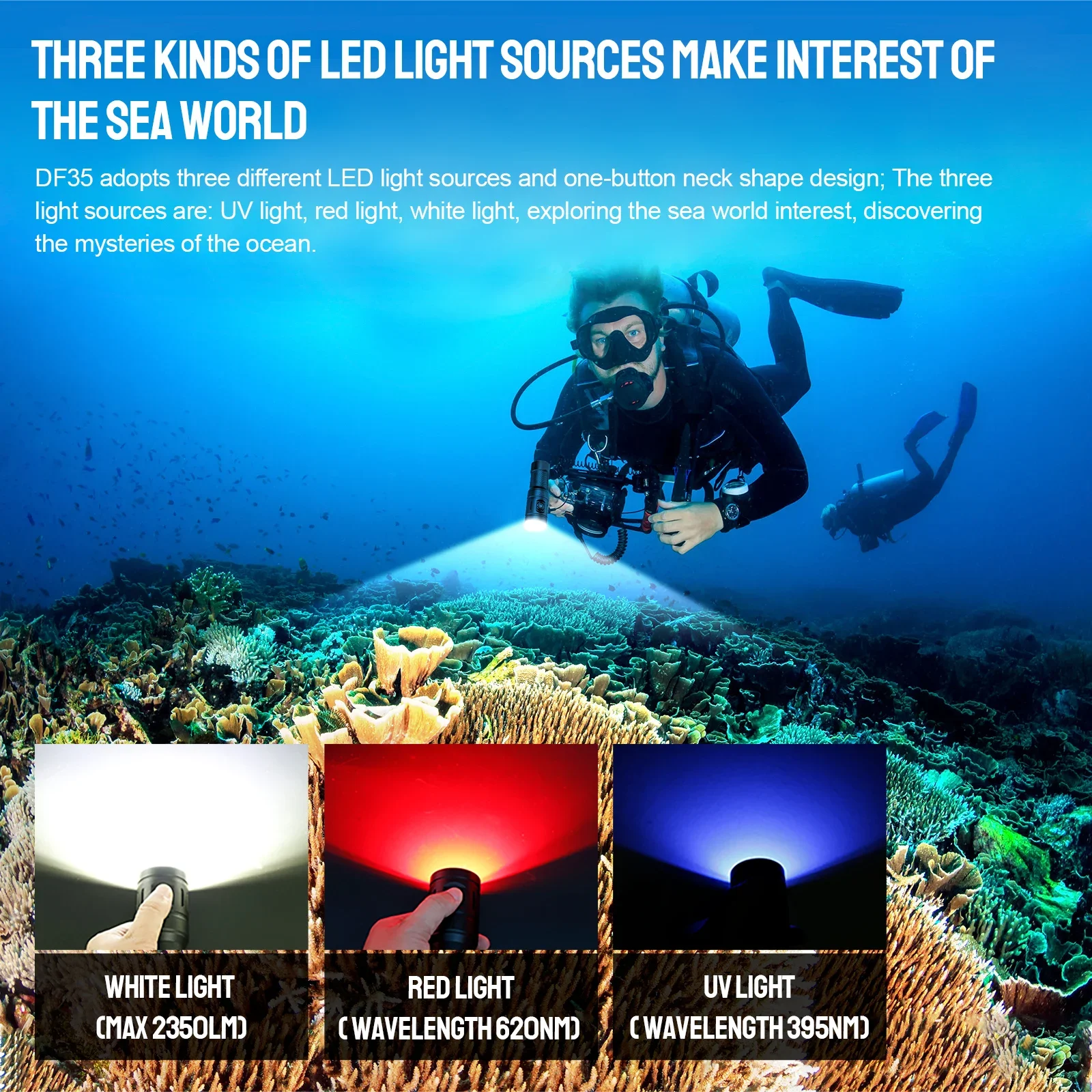 Фонарик для дайвинга Trustfire DF35 2350LM УФ/красный/белый свет мощный светодиодный