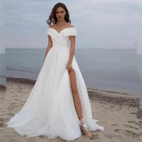 tixlear simple white beach wedding dress women 2022 boho off shoulder princess v neck side slit organza sexy civil bridal gowns