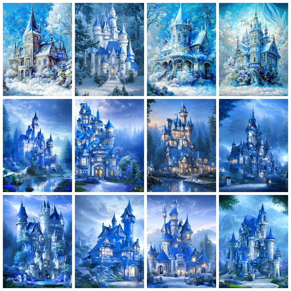 

Huacan Diamond Painting Collection 2023 Winter Blue Castle Full Square/round Embroidery Mosaic House Scenery Home Decor