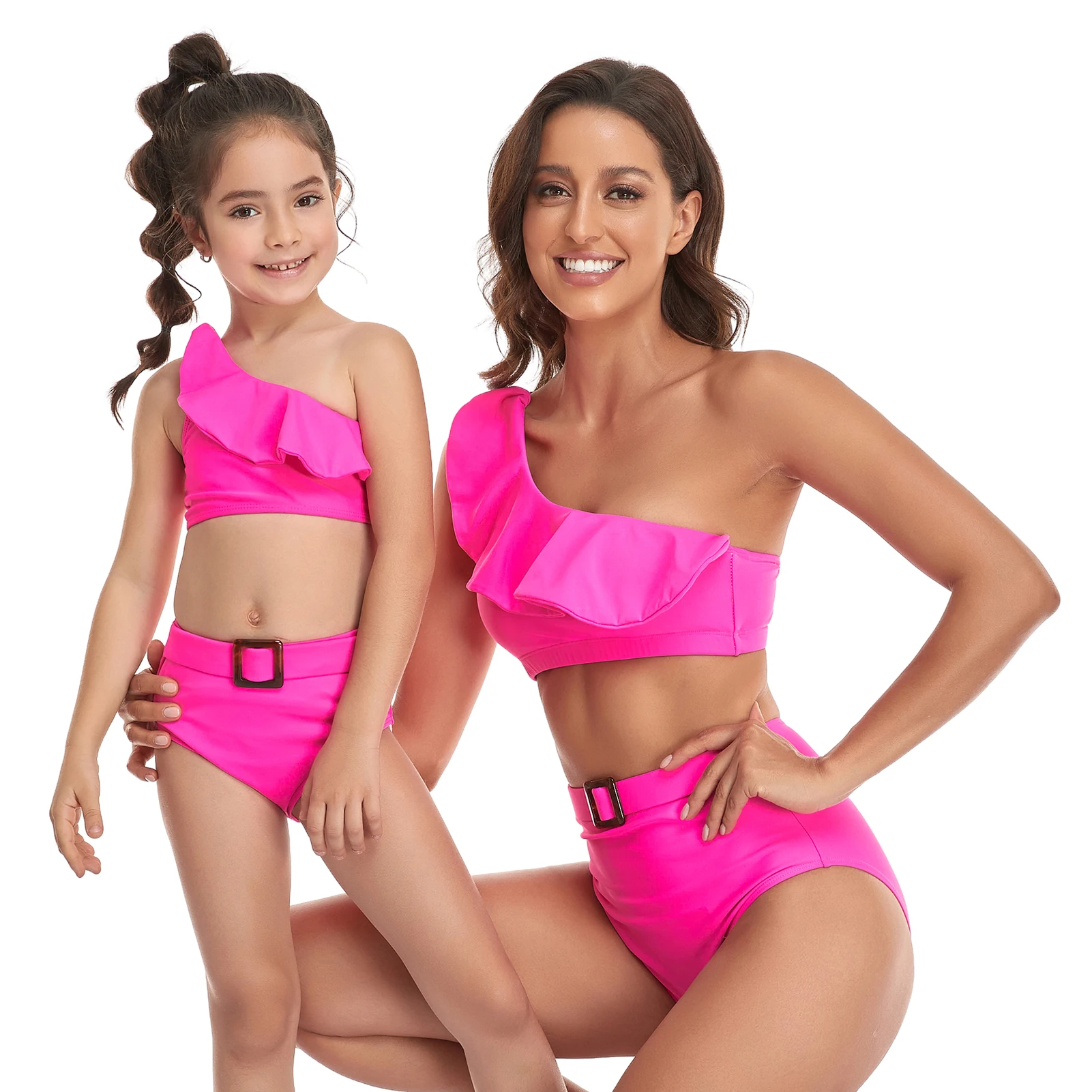 

Fashion Two-piece Swimsuit Set Parent-child Swimwear Ruffle Family Matching Swimwear Soft Bikini Slanted Shoulder 2022 for Girls