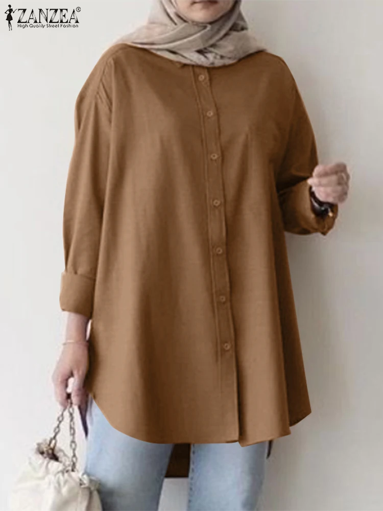 

Vintage Eid Mubarek Ramadan Turkey Tops ZANZEA Fashion Lapel Neck Long Sleeve Blouse Muslim Shirt Solid Loose Abaya Hijab Blusas