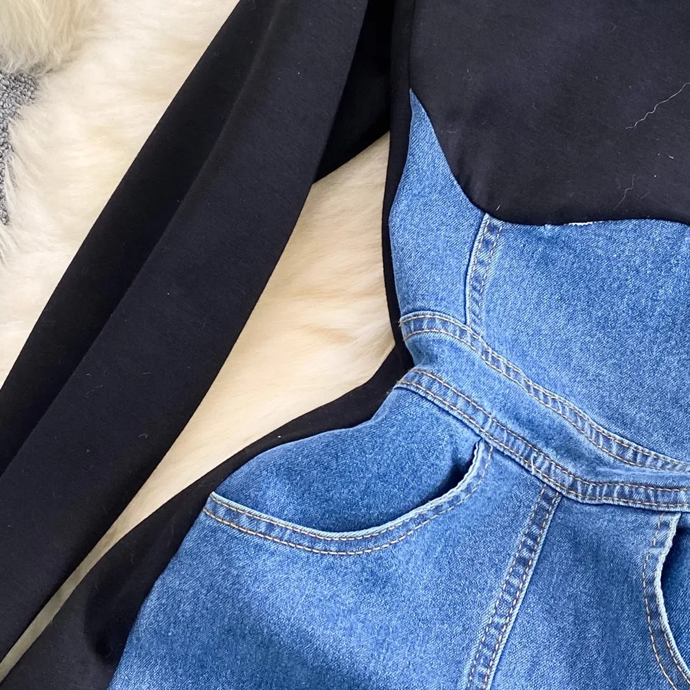 Женское джинсовое платье с длинным рукавом дизайнерское в стиле пэчворк