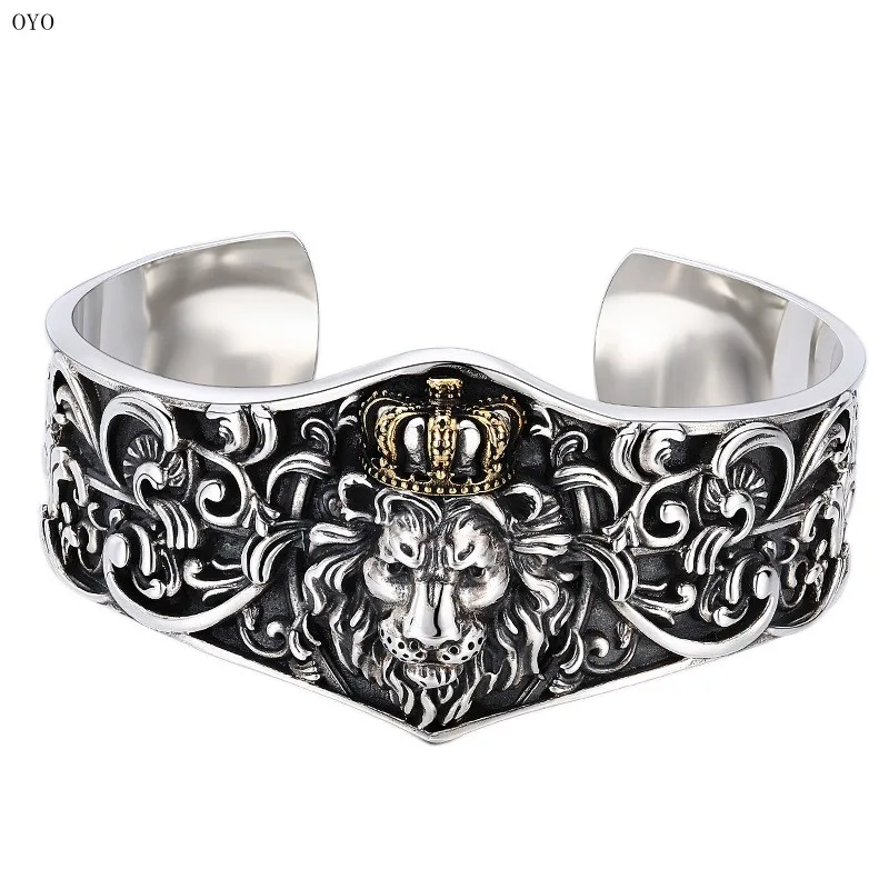 

100% S925 sterling silver Hipster personality Wide crown Lion bracelet