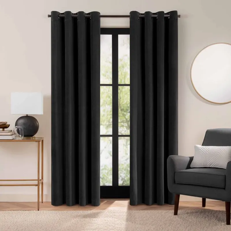 

Luxurious Rich 100% Blackout Velvet Grommet Single Curtain Panel in Deep Black Color - Perfect for Any Room Decoration, 50"x84"