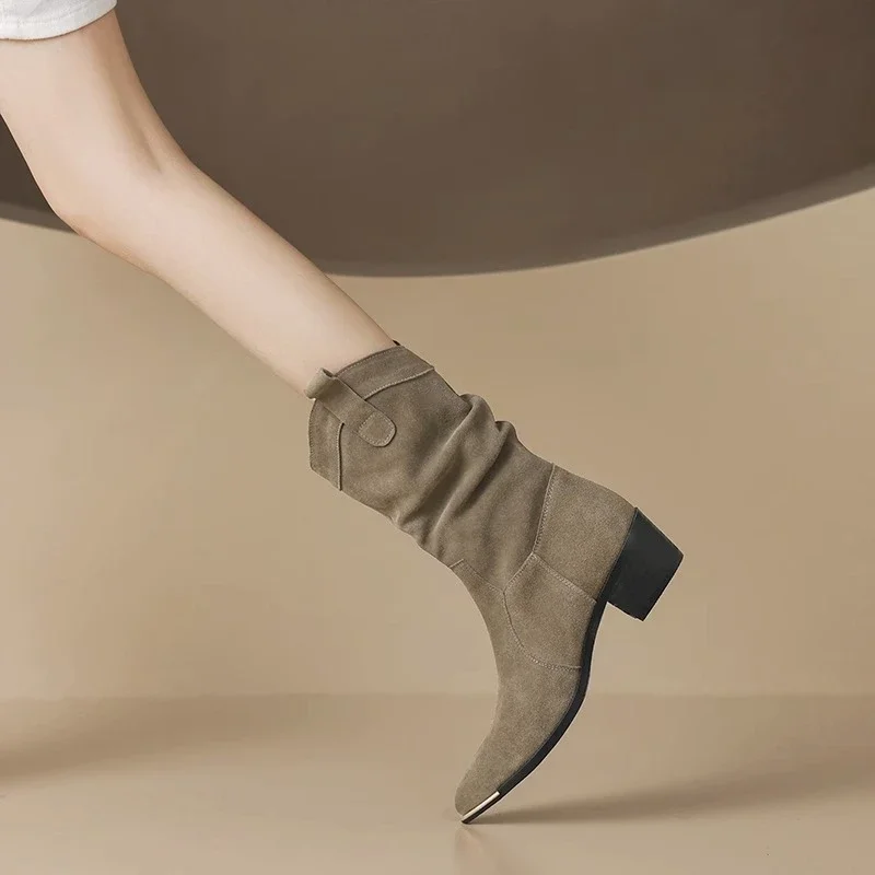 Женские Замшевые полусапожки из натуральной коровьей замши в стиле ретро с