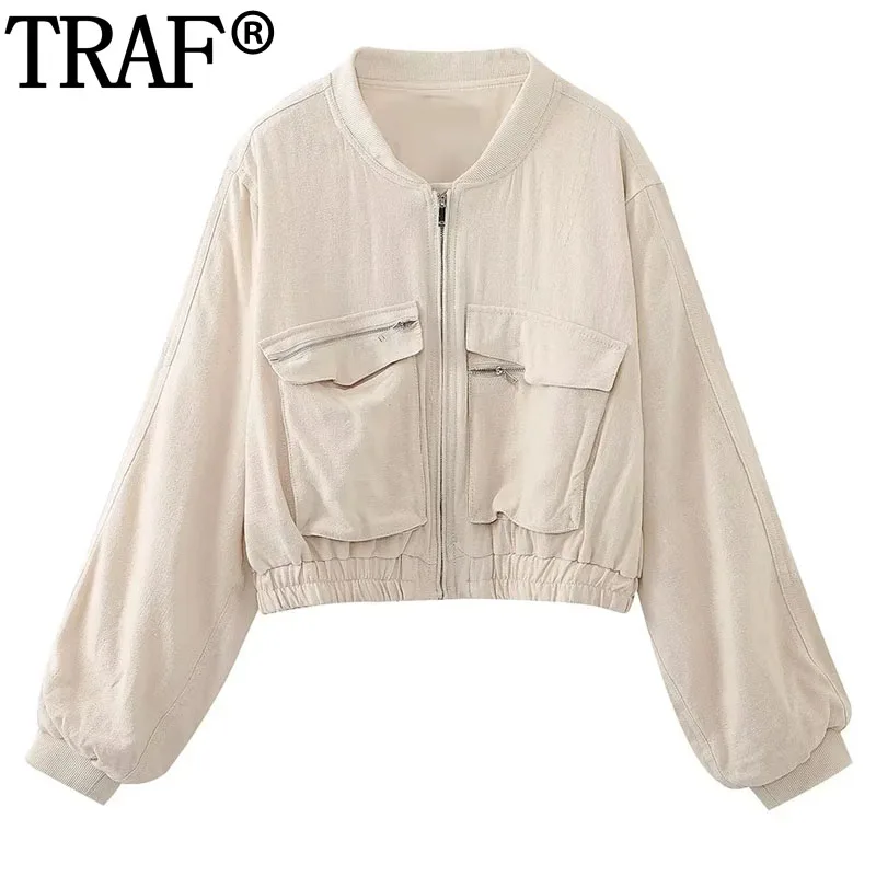 

TRAF 2023 Cropped Jacket For Women Zipper Bomber Jackets Woman Streetwear Ruched Long Sleeve Autumn Jacket Pockets Short Coats
