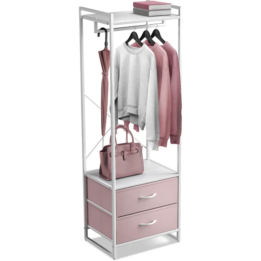 

Clothing Rack with Drawers - Standalone Garment Rack to Hang Shirts, Dresses, & Jackets - Tall Closet Storage Organizer (Pink)