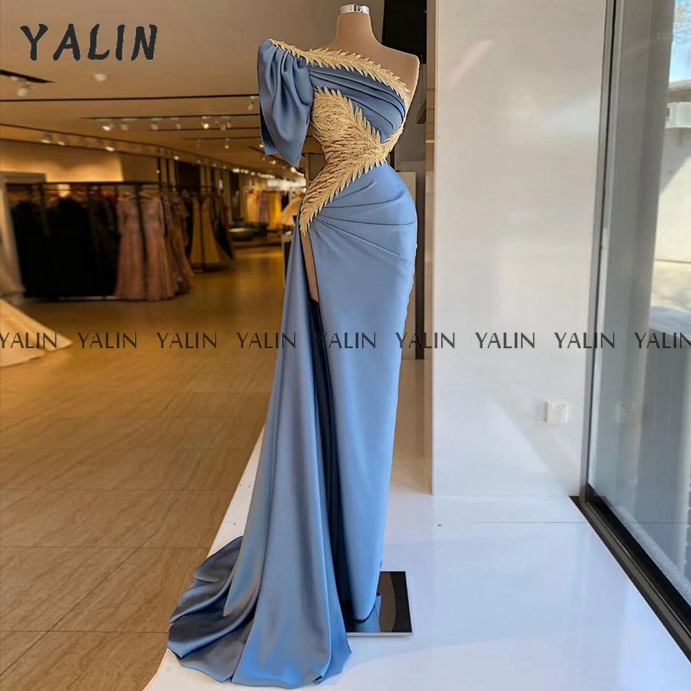 

YALIN One Shoulder Sleeve Evening Grown Satin Blue Prom Dress High Slit Floor Length Appliques Saudi Mermaid vestidos de fiesta