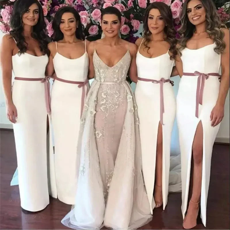 

Sexy Spaghetti Straight Bridesmaid Dresses Floor-Length Satin White Sashes Thigh-High Slits