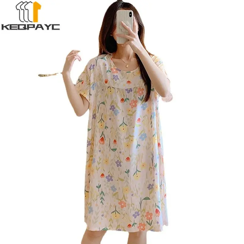 New 2023 Women's Sweet Nightgowns Spring Summer Women Short Sleeve O-neck Cute Cartoon Thin Loose Dress Sleepwear Casual Pajamas