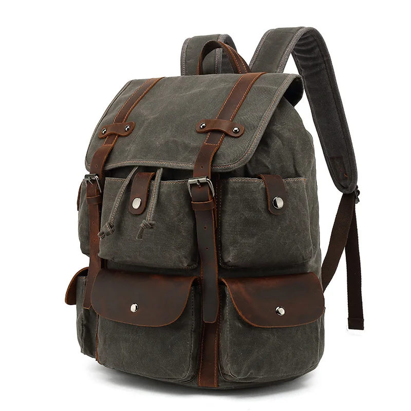 

Casual vintage canvas leather waterproof backpack travel mochila masculina Rucksack men waxed Laptop bag