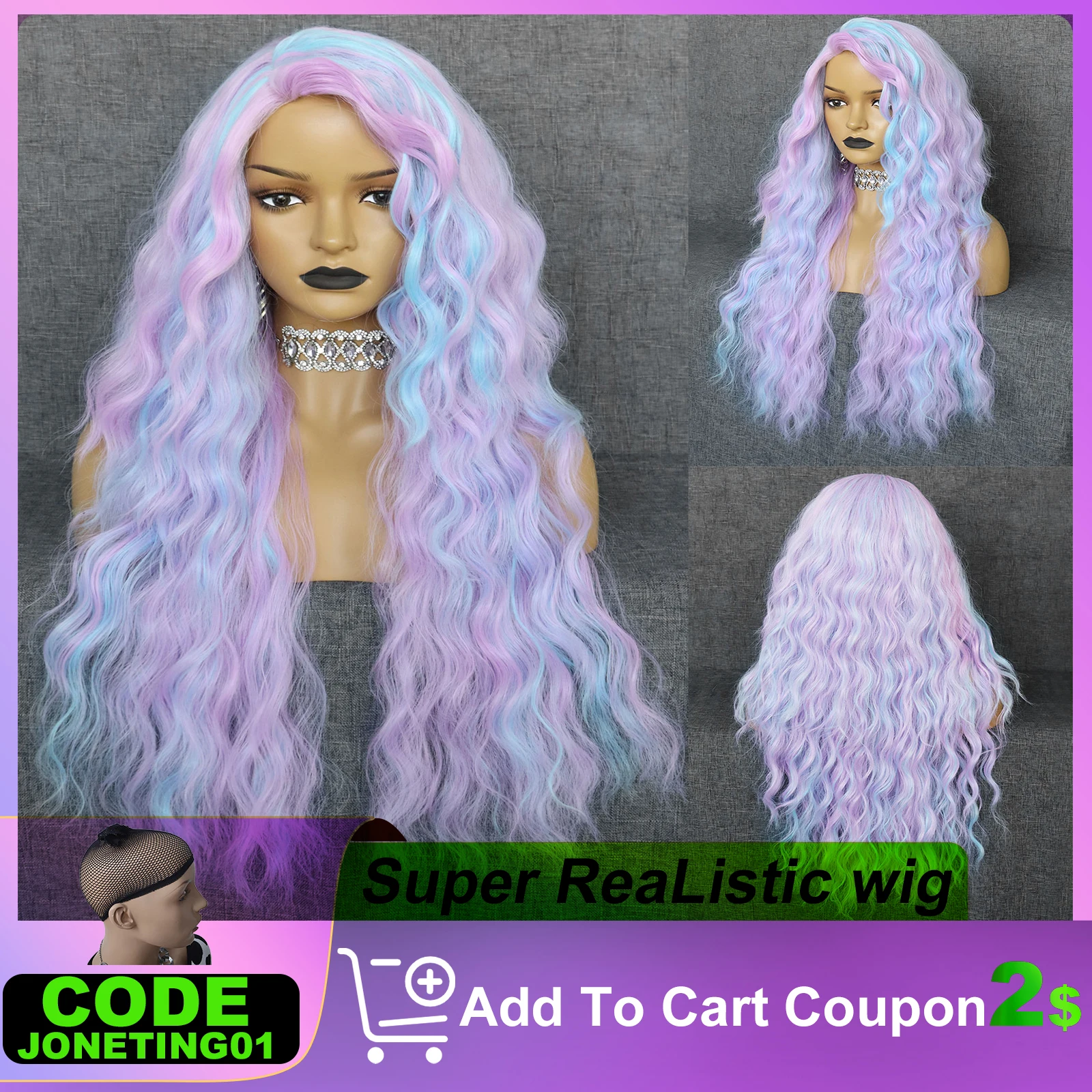 

JoneTing Synthetic Cosplay Wigs 30IN Long Water Wave Rainbow Wig Deep Wavy Ombre Purple Blue Hair Lolita Wig for Women Halloween