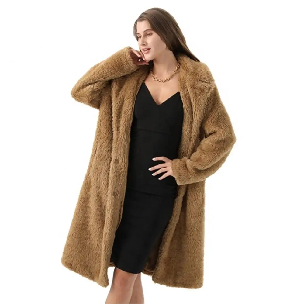 Women Winter Real Fur Long Fluffy Coat Single Breasted Lapel Pure Color Windbreaker Teddy Fleece Fashion Elegant Women Coat