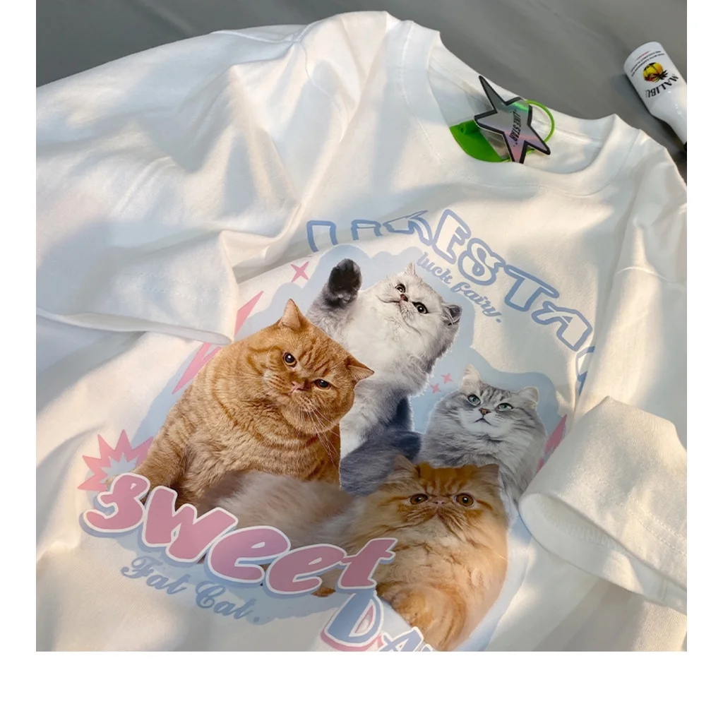 Женская супермилая футболка с котом свободная Милая женская коротким рукавом
