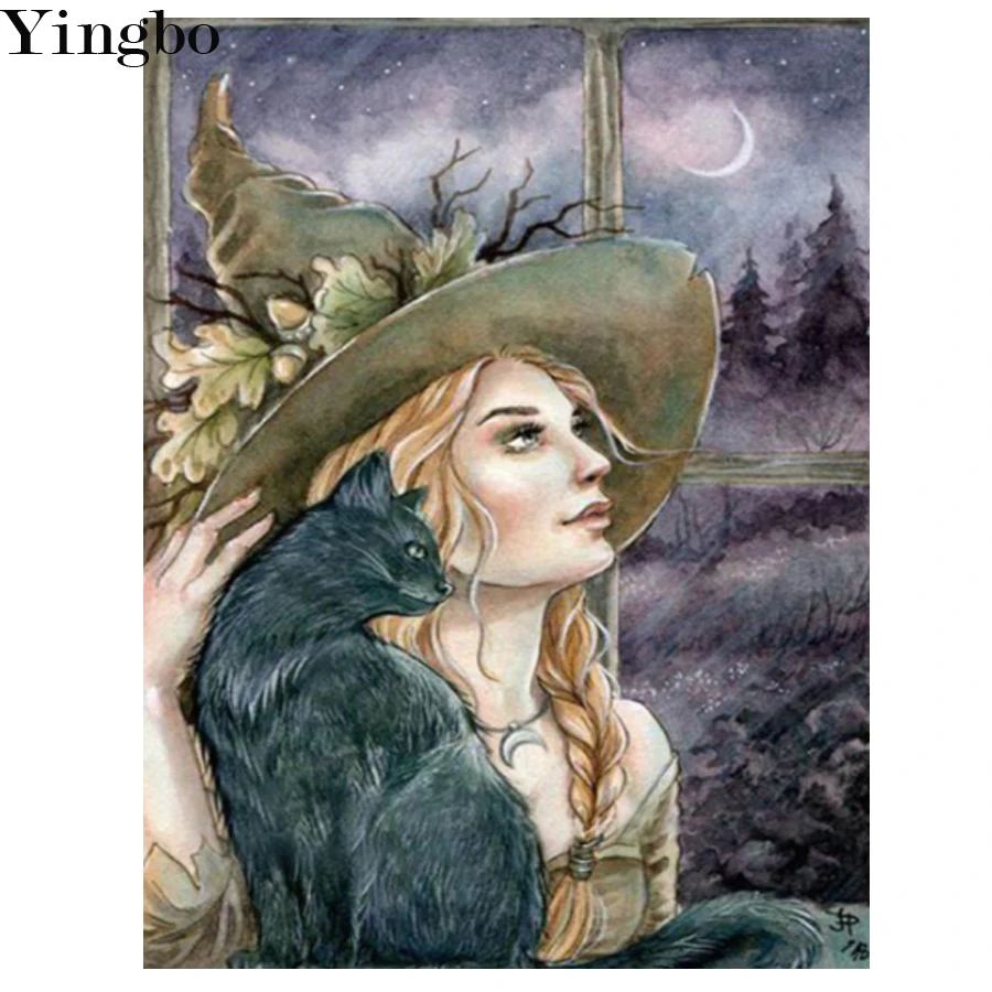 

5D алмазная живопись, Черный кот, ведьма, вышивка крестом, искусство, живопись, полная Алмазная мозаика, вышивка стразы, Хэллоуин, подарок, Дек...