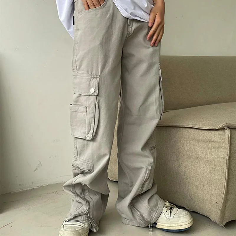Vintage Multiple Pockets Cargo Pants Women Autumn Low Waist Casual Baggy Pants Jean Femme Ladies Loose Fit Straight Jeans Y2k