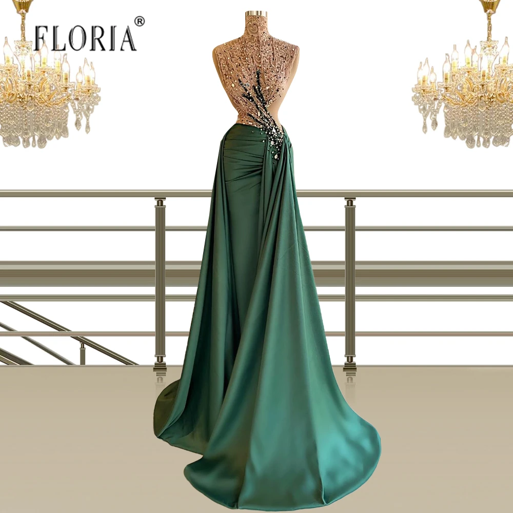 

Formal Party Dress Long Elegant Woman Clothes beading Evening Gowns Emerald Green High Neck Prom Gowns Robe de mariee