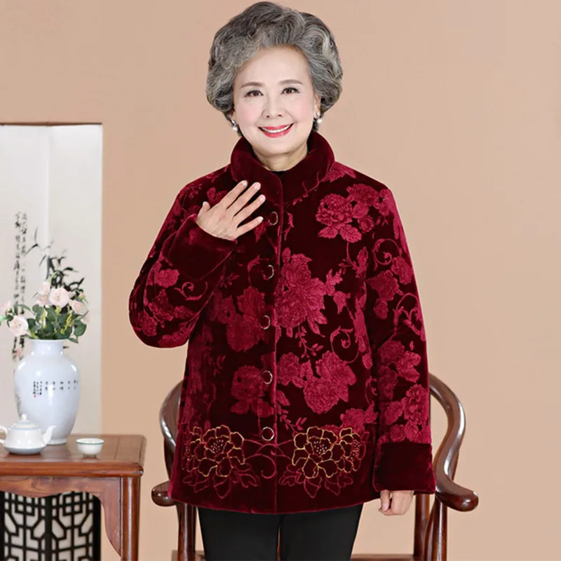 New Middle-Aged Elderly Mother's Cotton-Padded Coat Grandma Winter Jackets 60-80 Years Old Plus Velvet Warm Parkas Women L-5XL