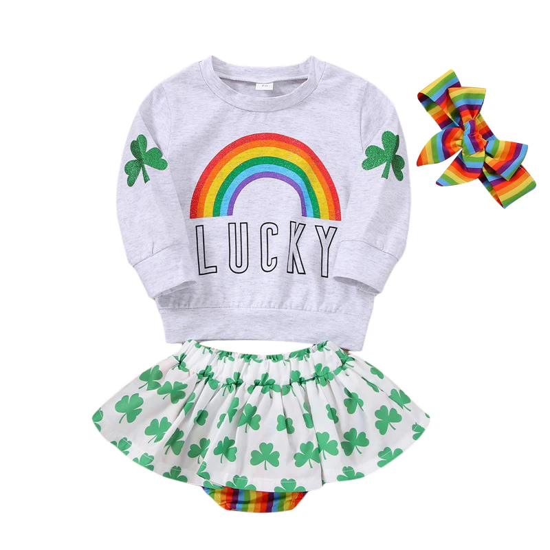 

Набор на День Святого Патрика для маленьких девочек, Радужный свитшот с круглым вырезом и длинным рукавом, эластичная талия, повязка на голо...