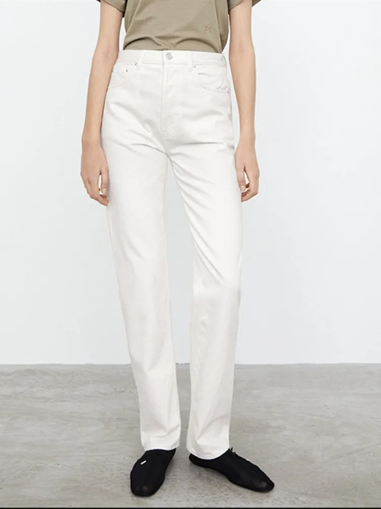 

Women White Jeans 2021 New Cotton Vintage Straight Long Denim Pants with Zipper