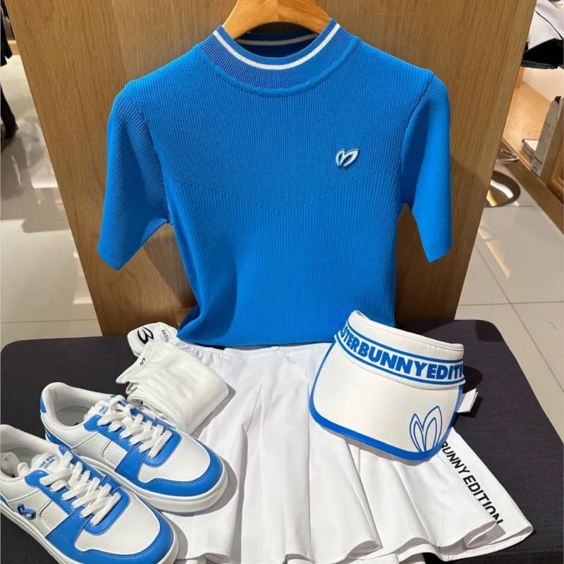  Women's Mock Neck Ribbed Knit Scallop Short Sleeve T Shirt Tops