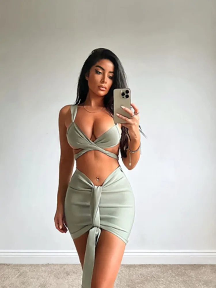 

2022 New Summer Grey Color Ladies Sexy 2 Pieces Bandage Bodycon Mini Dress Sexy Nightclub Fashion Party Dancer Dress Vestido
