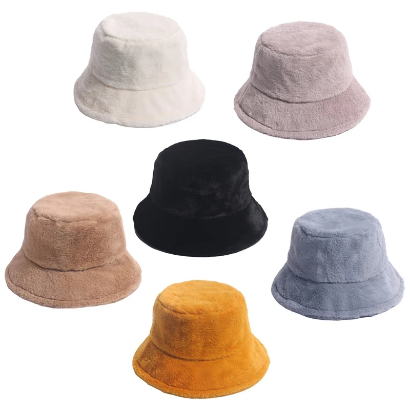 

Solid Color Bucket Hat Panama Hat Hip Hop Winter Faux Fur Fuzzy Fisherman Cap
