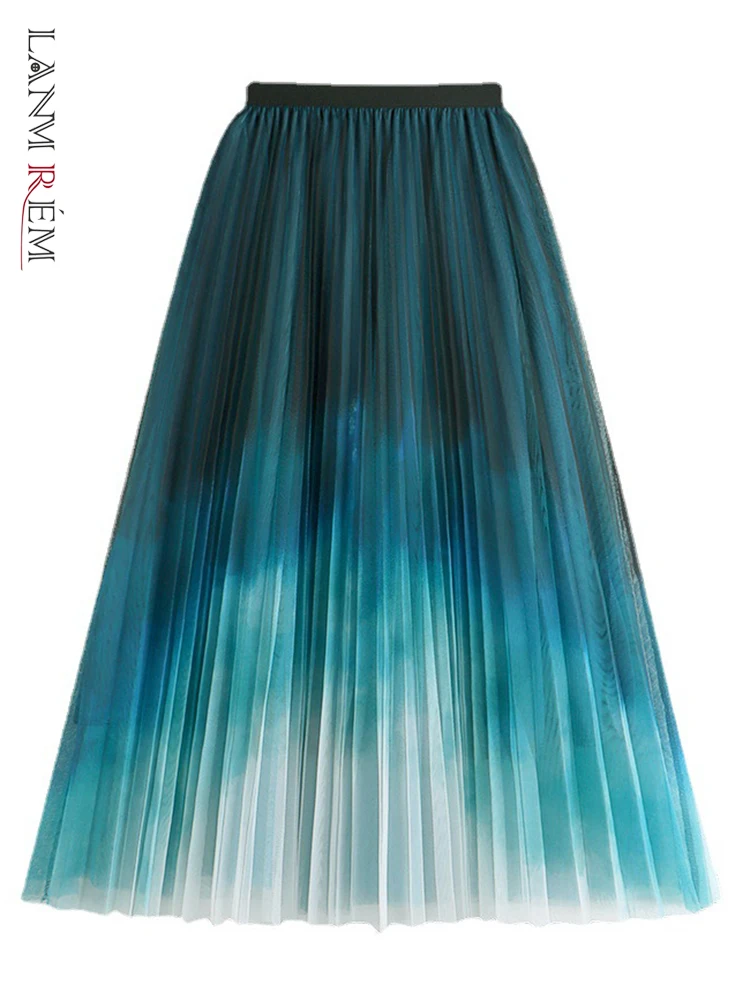 

LANMREM Patchwork Gradient Skirt For Women Gauze High Waist Elastic Mid-calf A-line Skirts Female 2022 Spring Summer 2N439