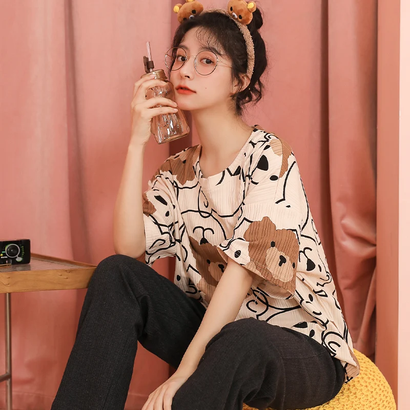 Spring Summer Cotton Cartoon Pajamas Set Women Pyjamas Sleepwear Nightwear Pijama Mujer Plus Size Fashion Home Clothing Homewear