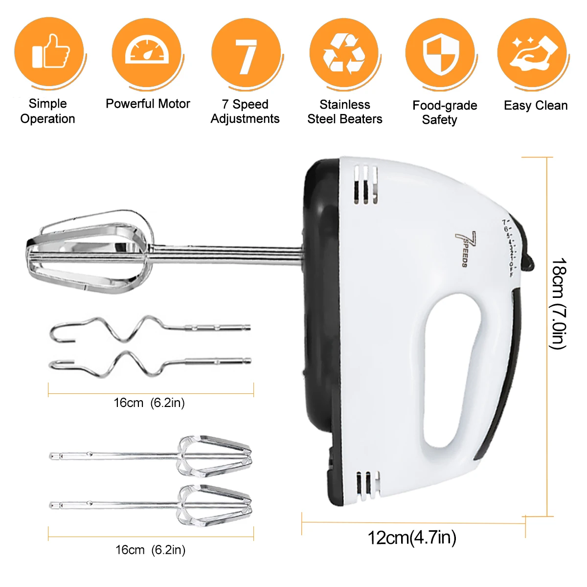 Electric Hand Mixer 7 Speed Stainless Steel Egg-Whisk Electric Mixer, Includes 2 Beaters & 2 Dough Hooks