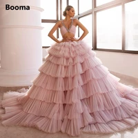 booma pink pleated tulle ball gown prom dresses crystal straps ruffles tiered party dresses long train backless evening gowns