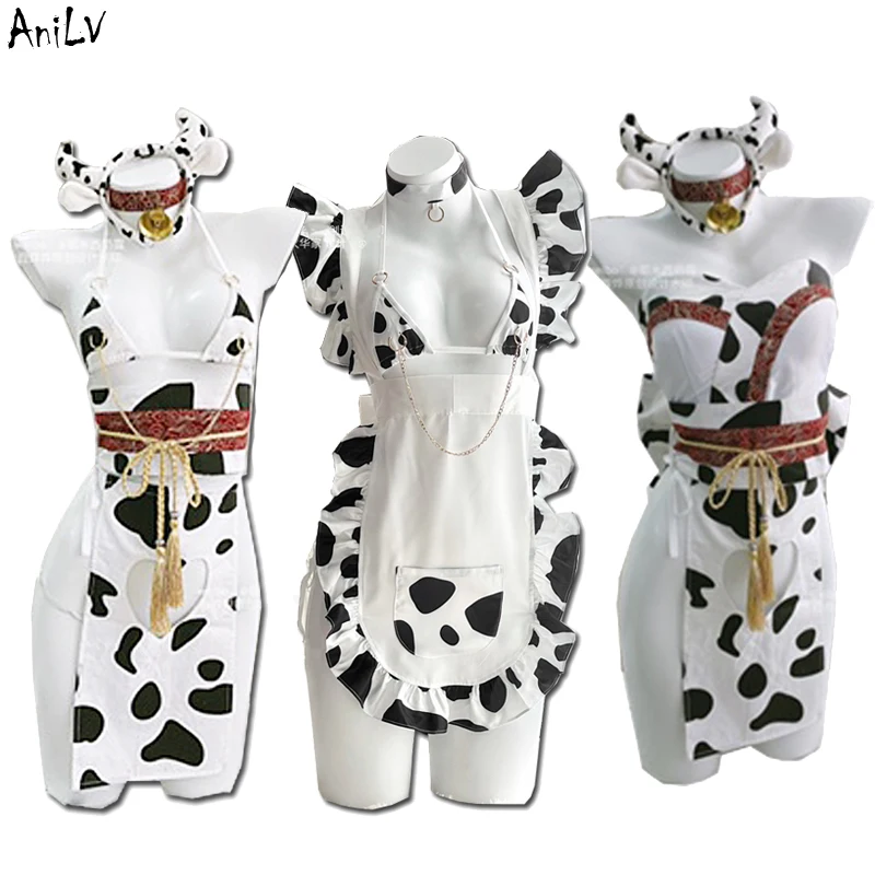 AniLV Anime Girl Cow Maid Unifrom Chain Bikini Swimsuit Women Love Hollow Pajamas Outfits Costumes Cosplay