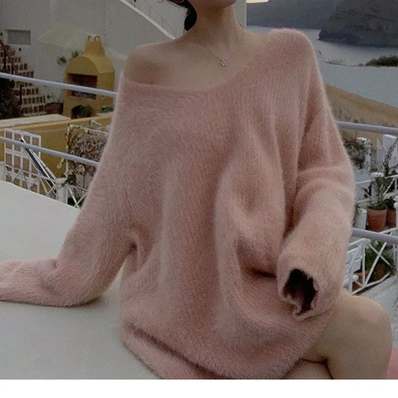 

Autumn and Winter New Lazy Style Imitation Mink Fleece Knitwear Pullover Soft Glutinous V-Neck Outer Sweater for Women