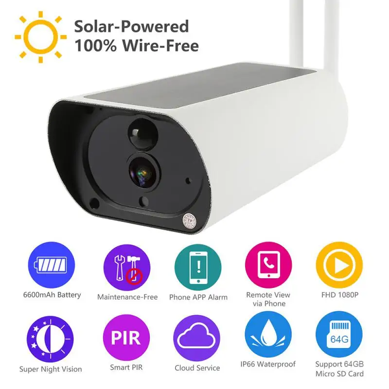 

1080P Solar IP Camera 2MP Wireless Wi-Fi Security Surveillance Waterproof Outdoor IR Night Vision Surveillance Dual antenna
