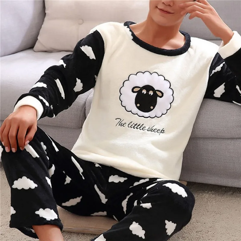 

2022 Winter Long Sleeve Thick Warm Flannel Pajama Sets for Men Coral Velvet Cute Cartoon Sleepwear Suit Pyjamas Homewear Clothes