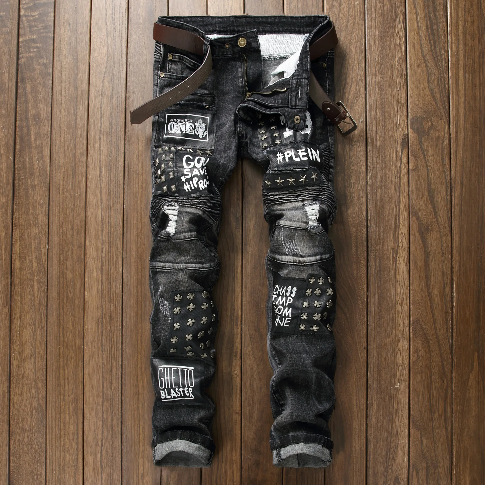

European American 2022 Fashion Brand Men's Stretch Denim Fold Patch Rivet Locomotive Hip Hop Streetwear Small Straight Trousers