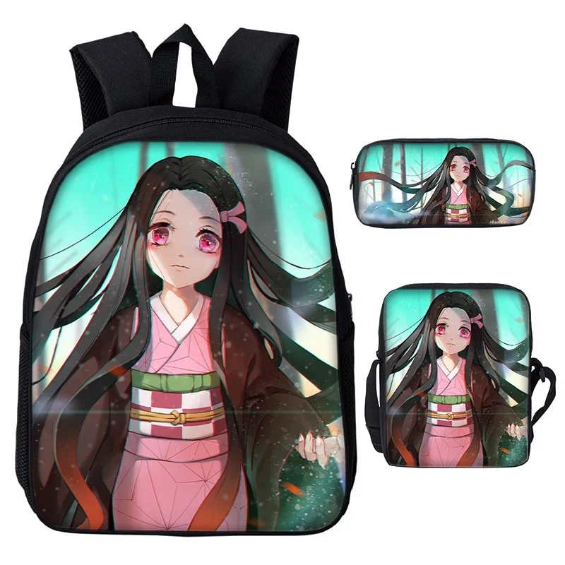 3 Piece Demon Slayer Nezuko Tanjirou Children Shoulder Bags New Girls Boys Fashion Anime Student Backpacks New Kids Cute Pen Bag