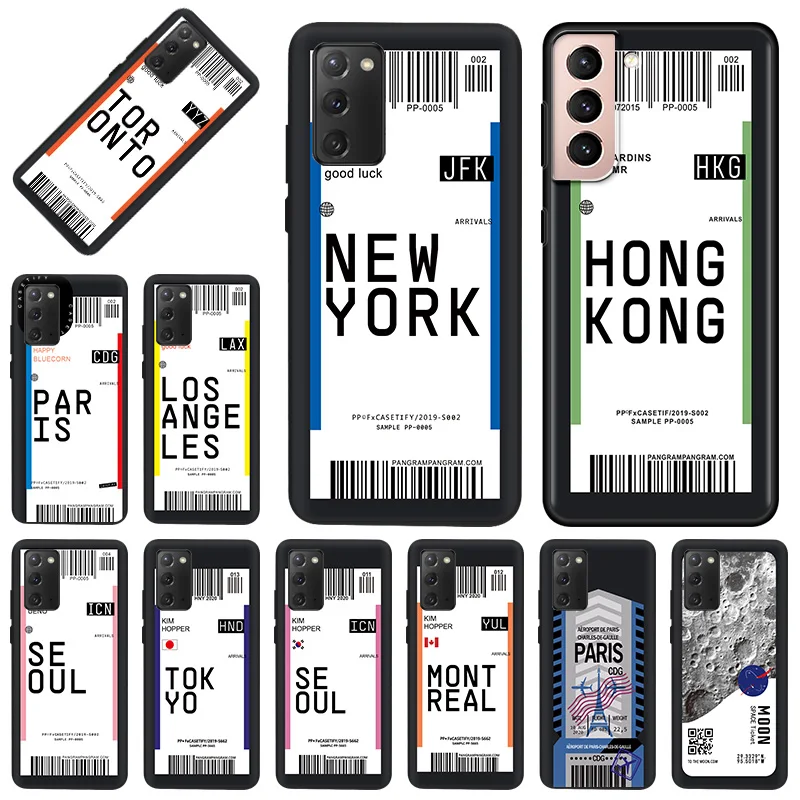 

Phone Case for Samsung S22 Ultra S21 S20 S10 Plus FE 5G Note 10 Lite 9 8 Paris Seoul Tokyo Travel Ticket Label Soft Black Cover