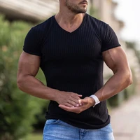 2022 summer new trendyol men sports breathable short sleeve black t shirts mens solid color v collared crossfit tshirt clothing