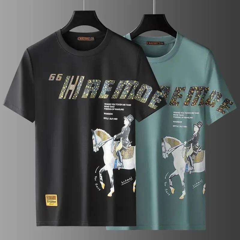 

European and American High-end Printed Diamond Short Sleeve T-shirt Men's Fashion 2022 Summer New Men's Ice Silk Half Sleeve