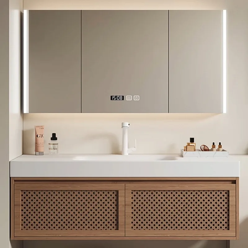 Фото Комплект мебели для ванной комнаты Corian: тумба с интегрированной раковиной в стиле ретро из ротанга, умывальник из массива дерева №3