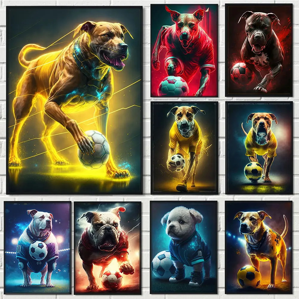 

Funny Animal Dog Football Poster Prints Pet Player Athlete Canvas Painting Wall Art Pictures For Living Room Home Decor Cuadros