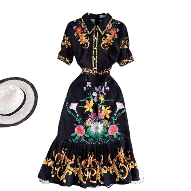 

Light luxury dress temperament, shirt collar, short sleeves, vintage court-inspired print, mid-length pleated ruffle skirt
