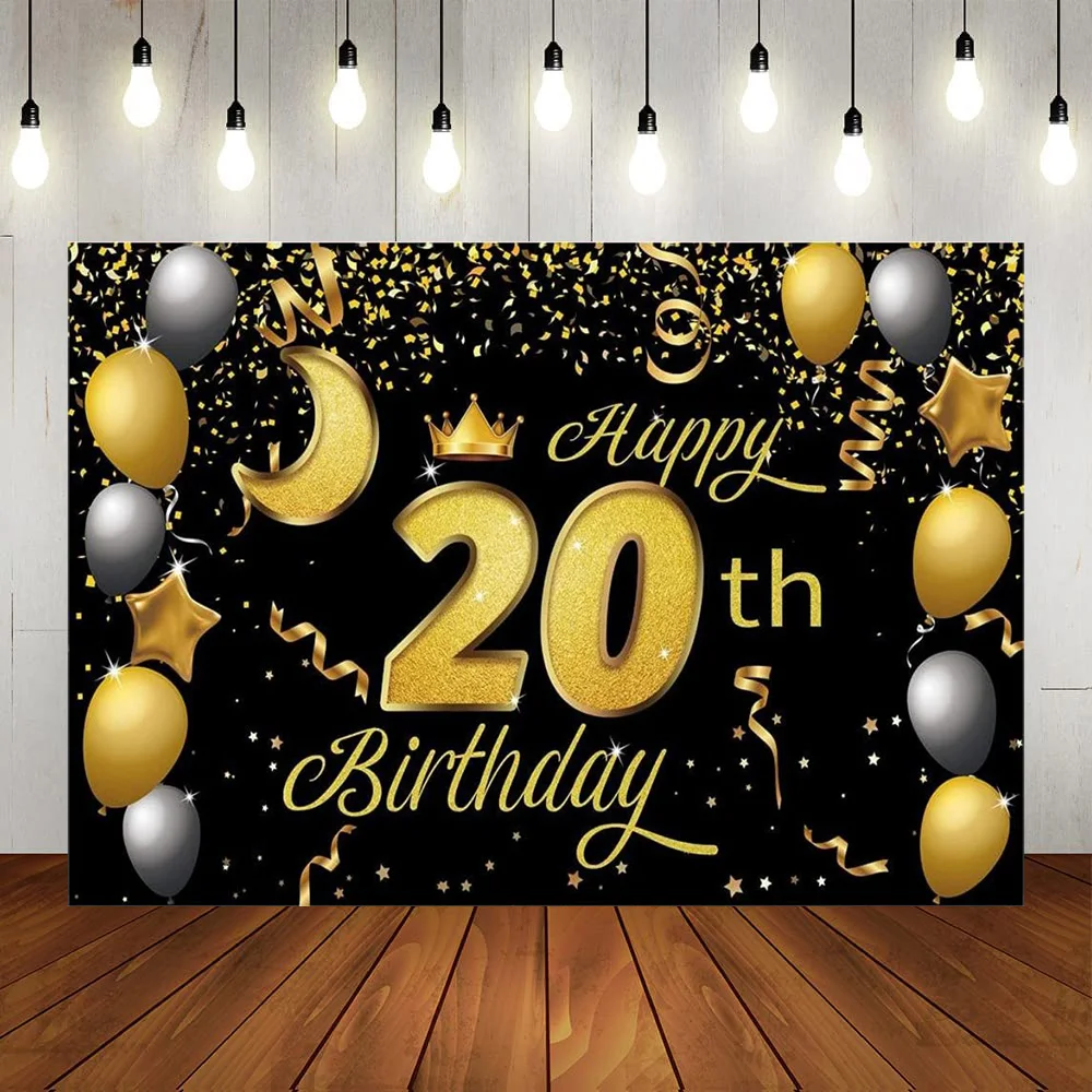 

Happy 20th Birthday Party Boys Girls Gift Backdrop Banner Black Gold Balloons Twenty Year Anniversary Suppiles Background Poster
