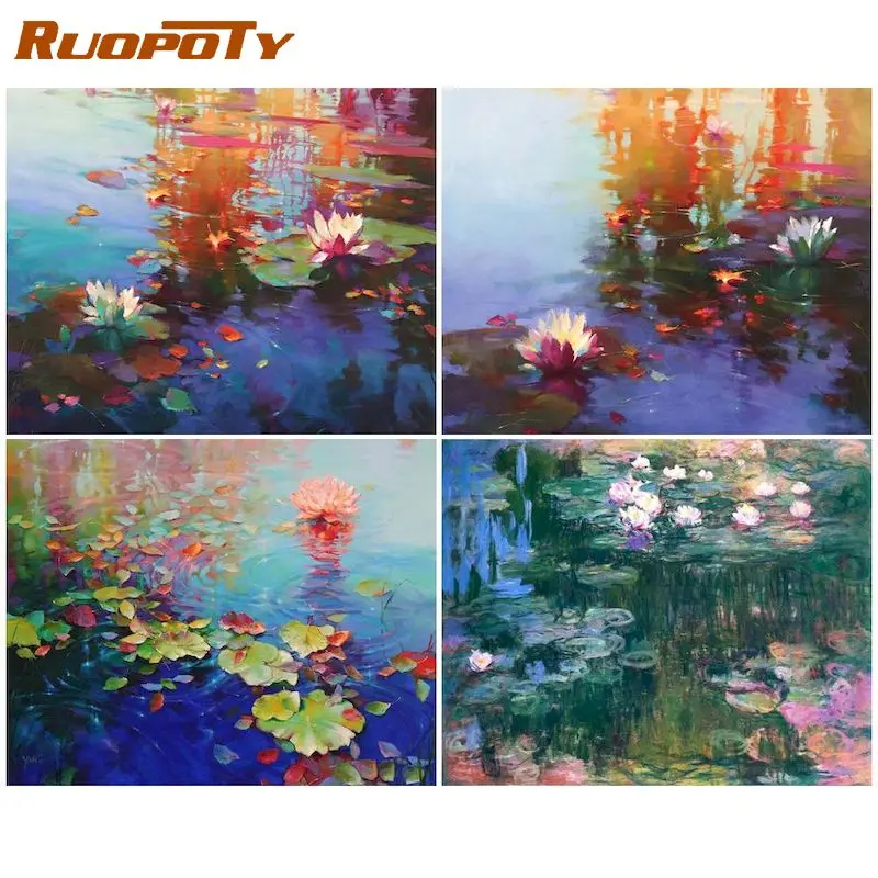 

RUOPOTY Picture By Number Landscape Kits DIY Oil Painting By Numbers lotus pond Flower On Canvas HandPainted For Living Room