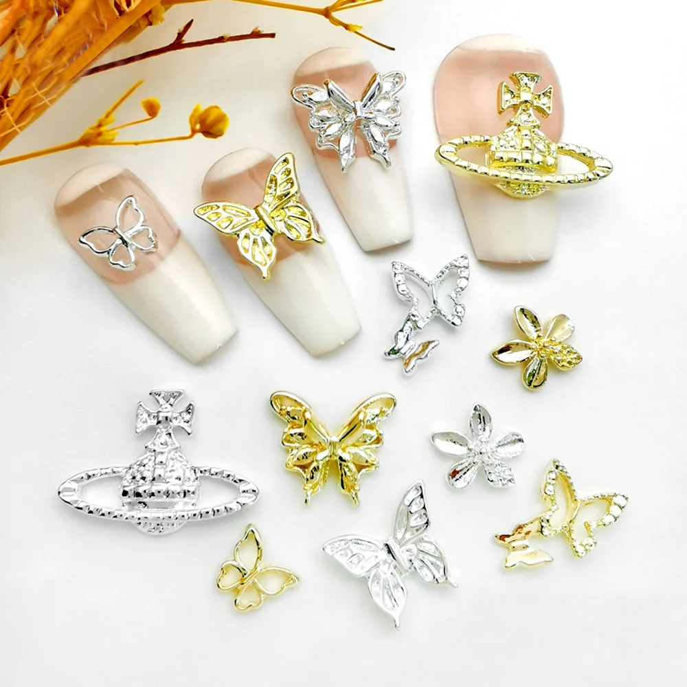 

3D Alloy Planet DIY Nail Charms 10Pcs Pearl Bow Bee Decoration Butterfly Jewelry Metal Accessories Gold/Silver Nail Art Parts