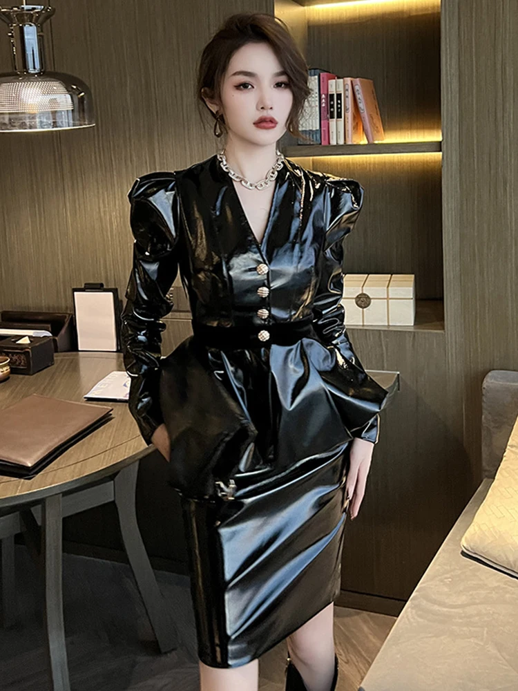 New Spring Autumn Y2K Fashion Faux Leather Chic Black 2 Piece Outfits Single Breasted Tops Jacket Coat Midi Skirt Mujer Slim Set